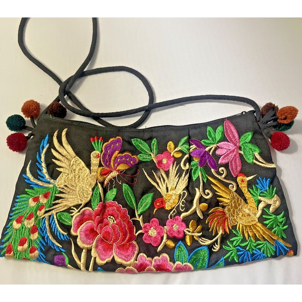 Boho Embroidered Deer Floral Nature Birds Shoulder Bag Evening Statement Purse